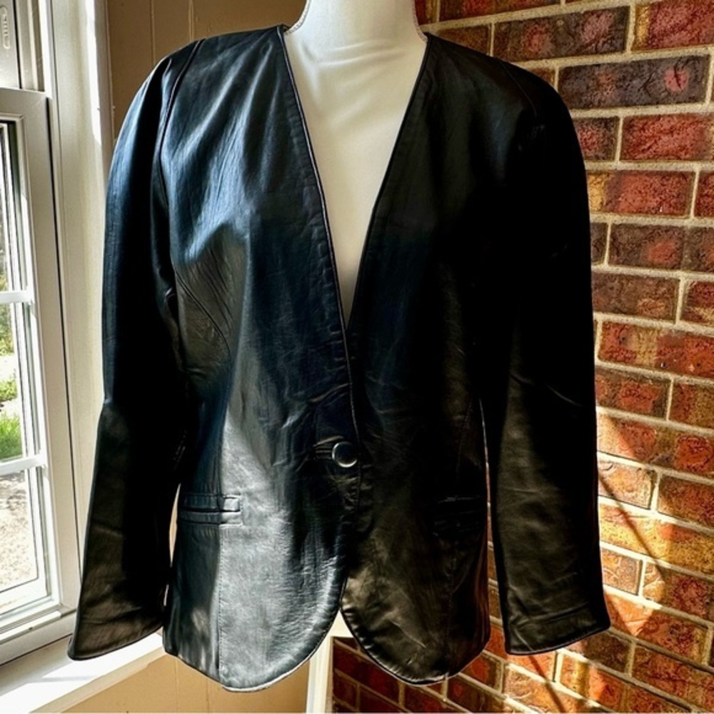 Kanar Black Leather Single Button Blazer Suit Style Vintage 80s Jacket Clubbing